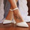 White High Heels Wedding Shoes Thick Heel with Women's Summer Fashion Fringed Diamond Chain Pointed Temperament Hollow Sandals 43