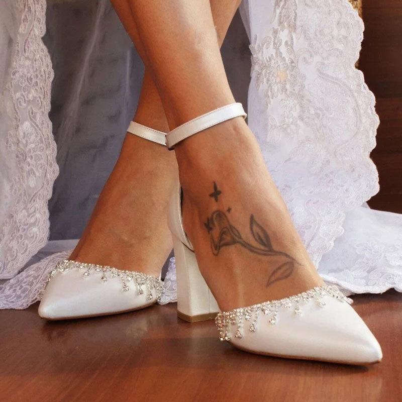 White high heels wedding shoes thick heel with women's summer fashion fringed diamond chain pointed temperament hollow sandals 43