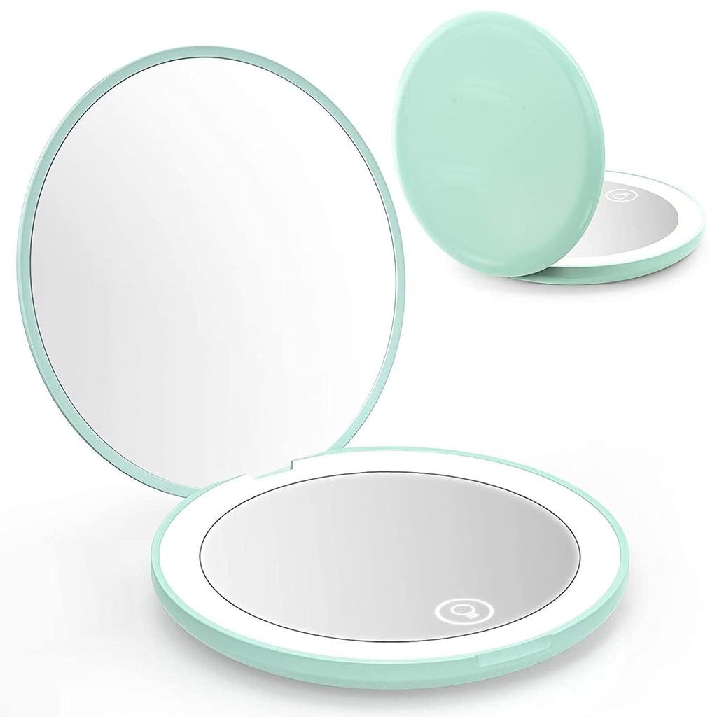 Compact mirror 1x 10x double-sided light foldable makeup portable stepless dimming adjustable angle USB rechargeable gift round mint green.