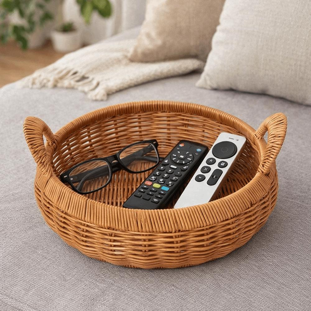 Handmade Round Rattan Storage Tray Large Capacity Dry Fruit Storage Tray  Bedroom