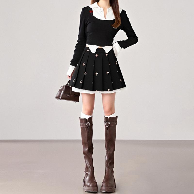 2026 Spring Women's High-Waist Sweet Butterfly Embroidery Pleated Short Skirt