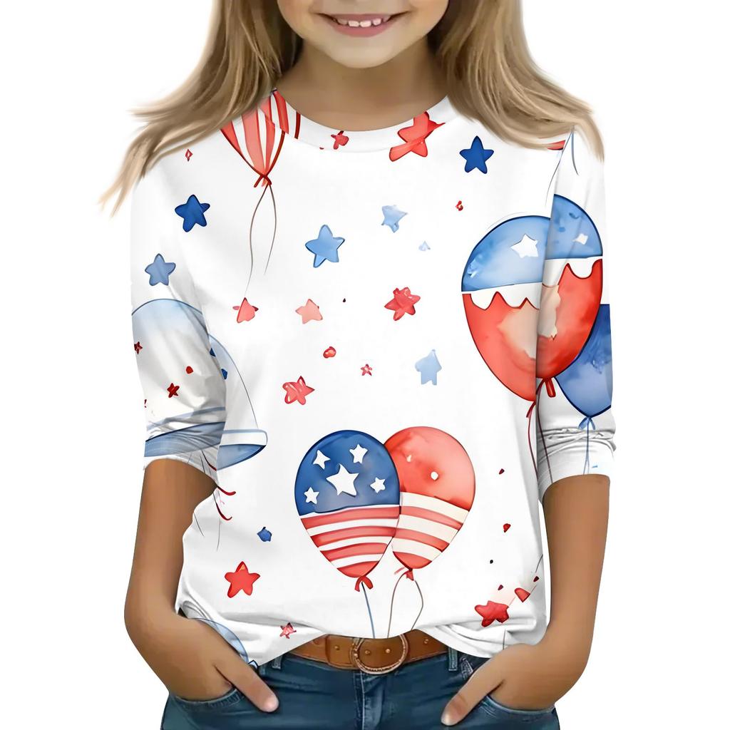 Print Tops For Youth Girls 3-10 Years Round Neck 3/4 Sleeves T-Shirts Trendy Tops Outfit Tees
