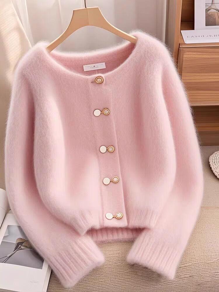Zose Soft Pink Plush Round Neck Knit Cardigan