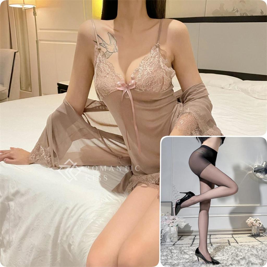 Průsvitná krajková noční košilka a svůdný síťovaný županový set pro ženy