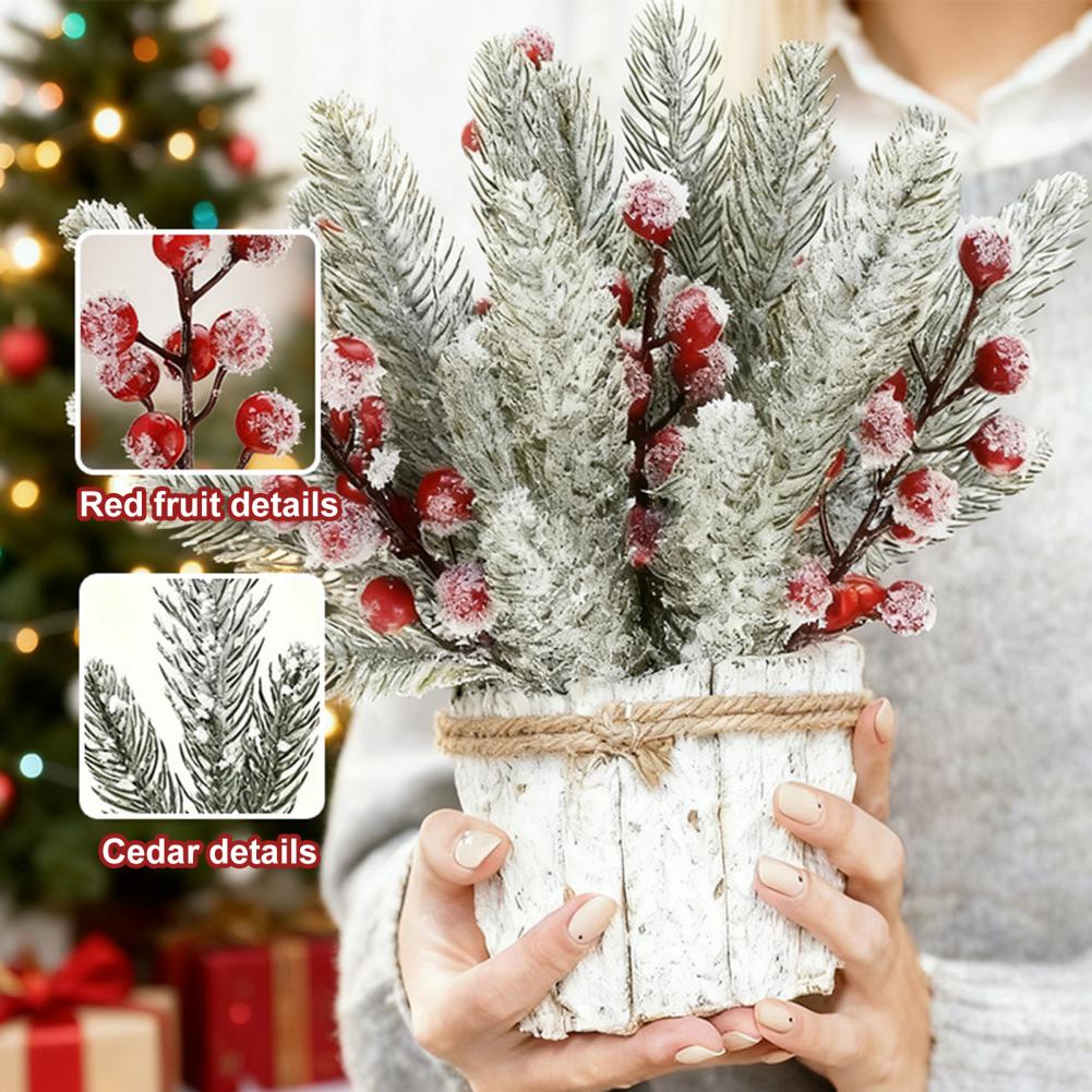 18Pcs Artificial Snowy Norfolk Pine Branch Faux Stem Christmas Holly Berries Branch DIY Vase Filler Holiday Party Decoration
