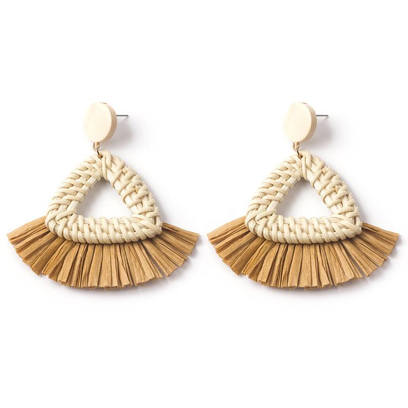 Hand-Woven Geometric Rattan Raffia Earrings, Retro Resort Fan Stud Earrings, Earrings For Women