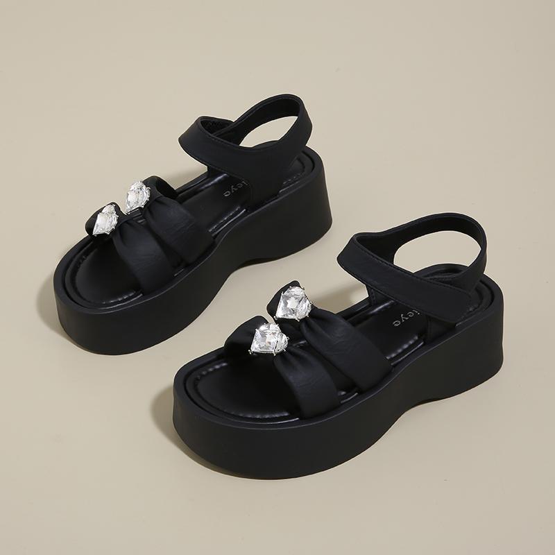 CRLAYDK Womens Strappy Wedge Rhinestone Sandals Outdoor Summer Leather Slides Soft Beach Ladies Open Toe Dressy Walking Slippers