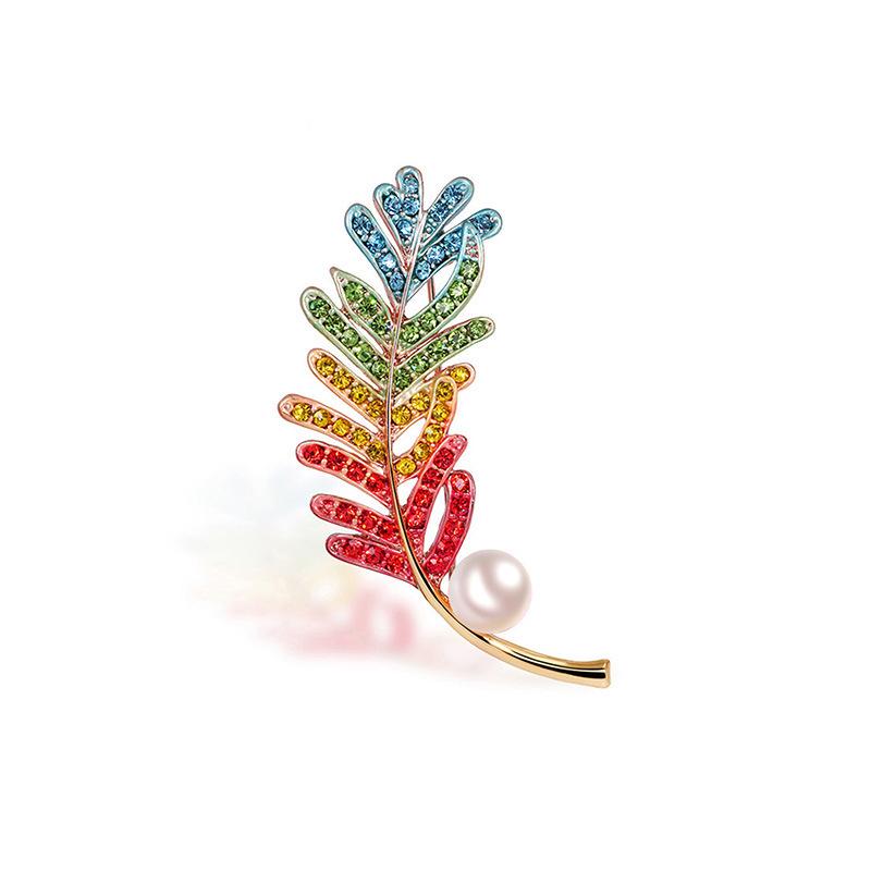 Bo Xin Yun Enamel Rhinestone Leaf Brooch with Freshwater Pearl Corsage Pin