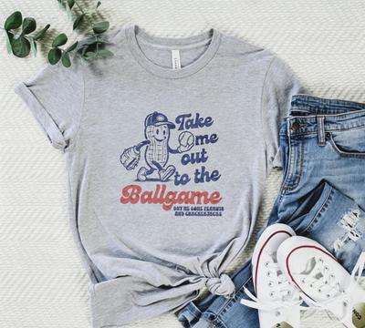 Take Me Out To The Ballgame Rétro Cacahuète Mascotte de Baseball T-shirt à Col Rond, Paroles de Chanson Classiques Jour de Match Fan de Sport Décontracté Athleisure T-shirt