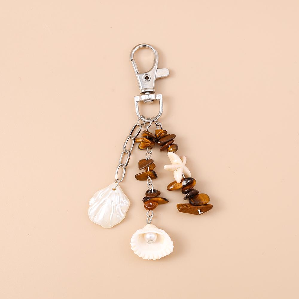 Fashion Summer Beach Starfish Shell Keychain Colorful Stone Key Ring Pendants for Women Girls Handbag Decor DIY Jewelry Gifts