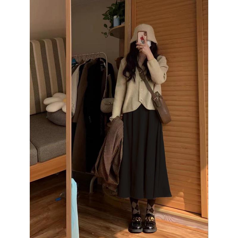 

Юбка миди А-силуэта из смесовой шерсти Хепберн для женщин - Высокая посадка, однотонная, облегающий дизайн для осени/зимы M чёрный