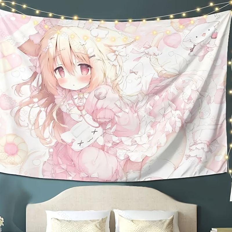 Pink Soft Cute Cat Ear Girl Lolita anime Tapestry Background Sweet Girl Punch Wall Decoration Room Decoration