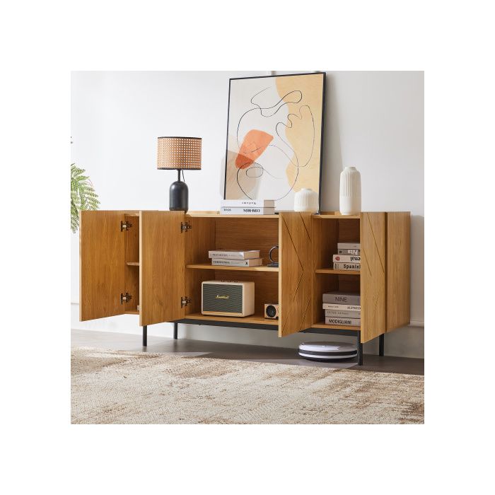 Buffet Bas - MUVOE - 4 Portes - Bois Naturel - Inserts Métalliques - H78 Cm L160 Cm P40 Cm