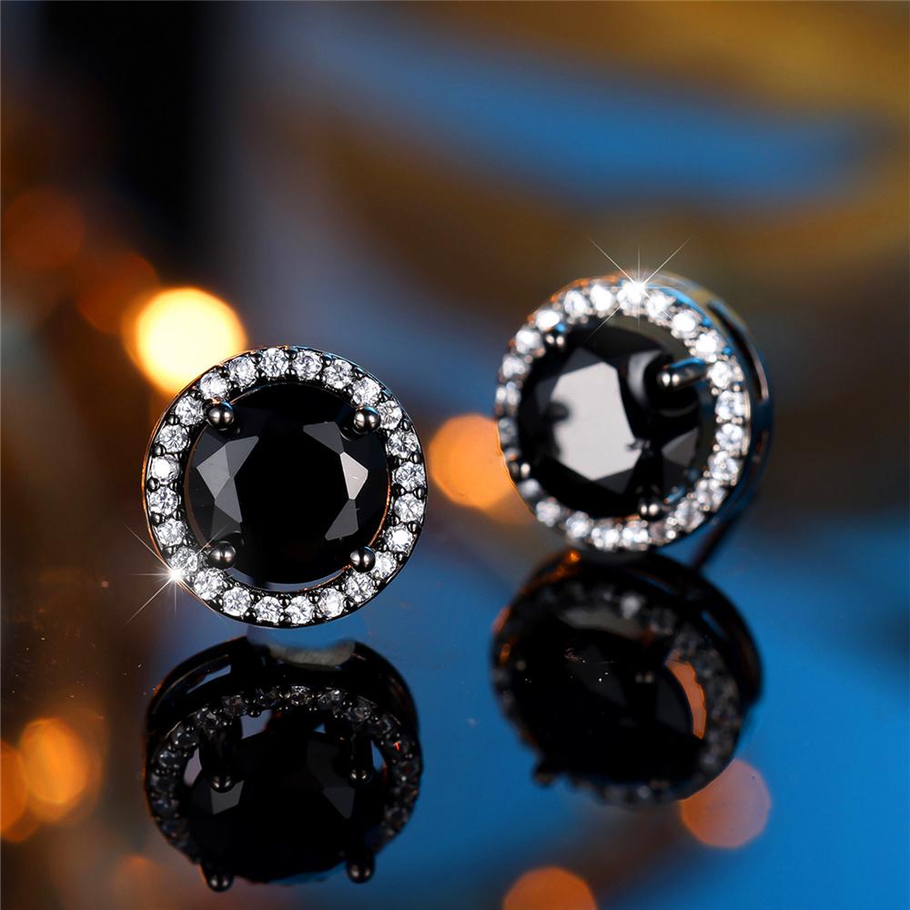 Cute Female Crystal Black Zircon Stone Round Stud Earrings Black Gold Color Wedding Jewelry For Women