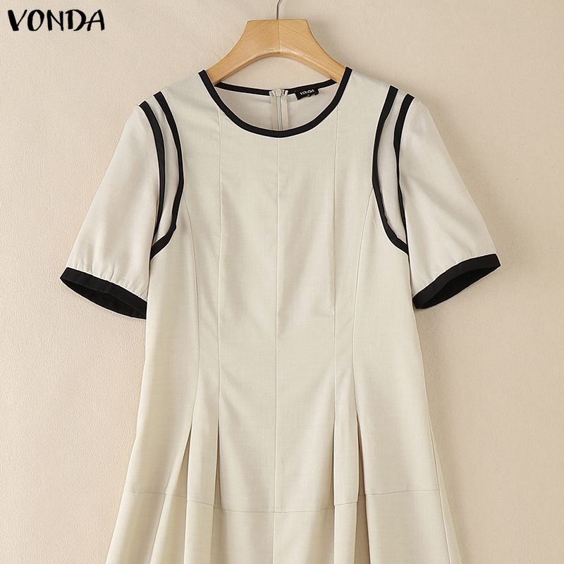 VONDA Women Summer Casual O-Neck Short Sleeve Stitching Dress Sundress