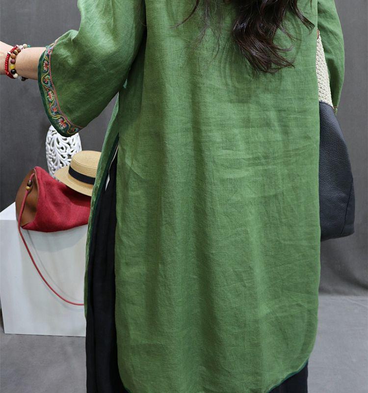 Embroidered Cotton Linen Cheongsam: Mid-Length Ethnic Summer Dress