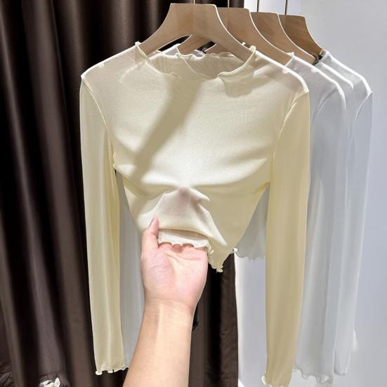 Women Summer Bottoming Tops Round Neck Long Sleeve Mesh Perspective Tops Sun Protection Inner Tops Daily Wear