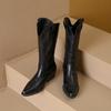 Spring and Fall Pointy Solid Color Women's Mid-calf Boots with Mid-heel Sleeves Embroidered Western Cowboy Boots