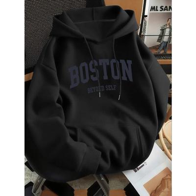 Autumn Winter Men's and Women's Solid Color Letter Print High-end Versatile Retro Hooded Sweatshirt Casual Long Sleeved Pullover