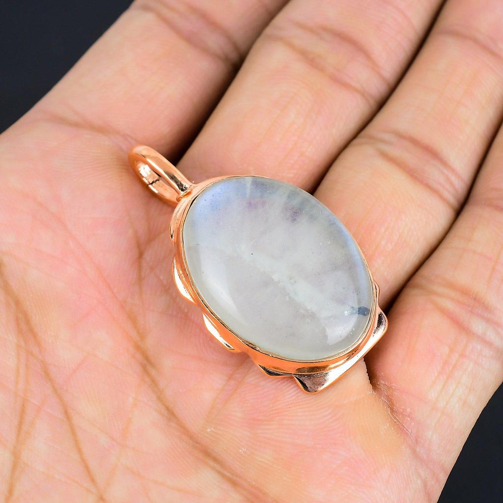 Pendentif étonnant en cuivre fait main avec pierre de lune arc-en-ciel