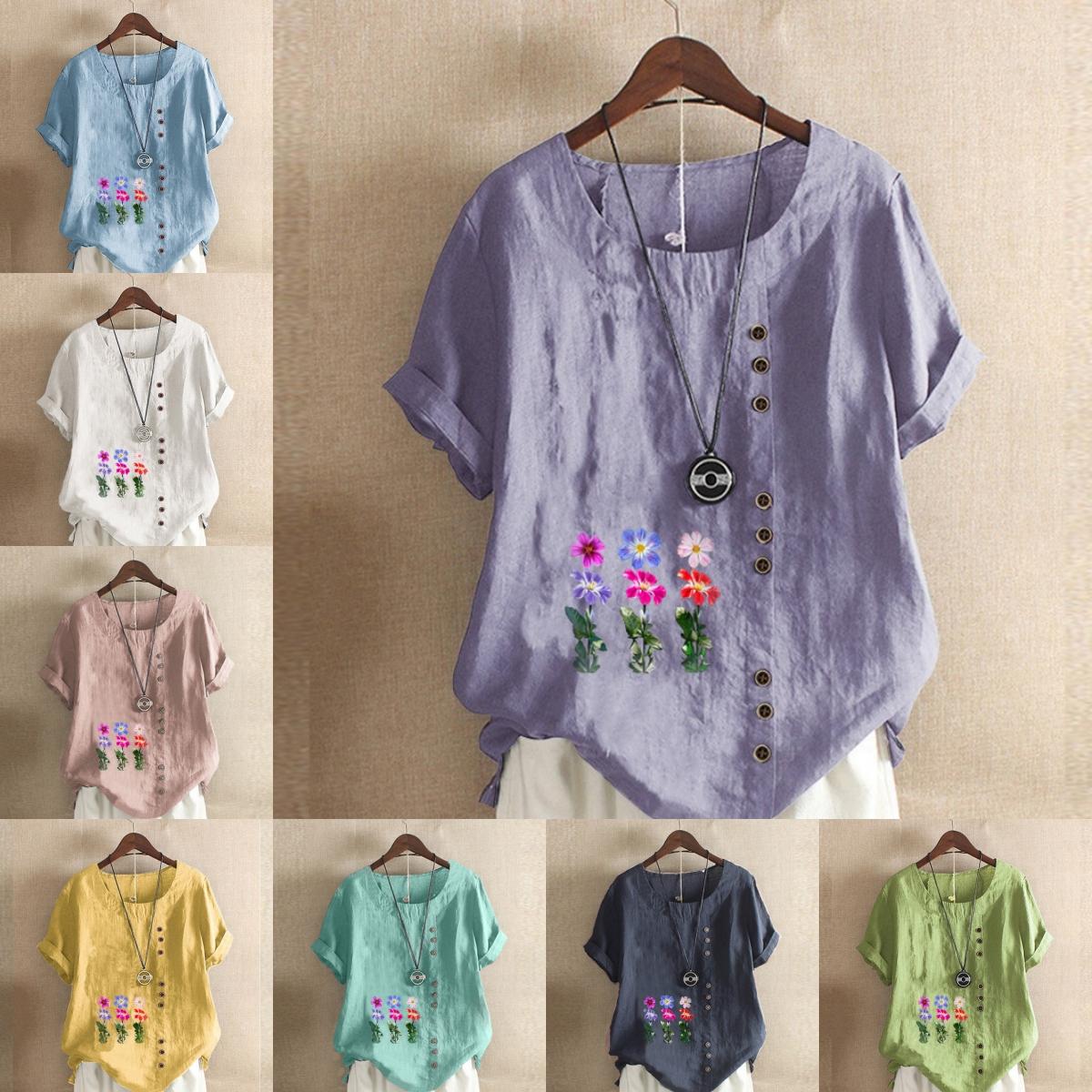

Женская модная футболка с круглым вырезом и коротким рукавом, повседневная хлопковая льняная рубашка с графическим принтом, свободная летняя блузка с цветочным принтом, топы