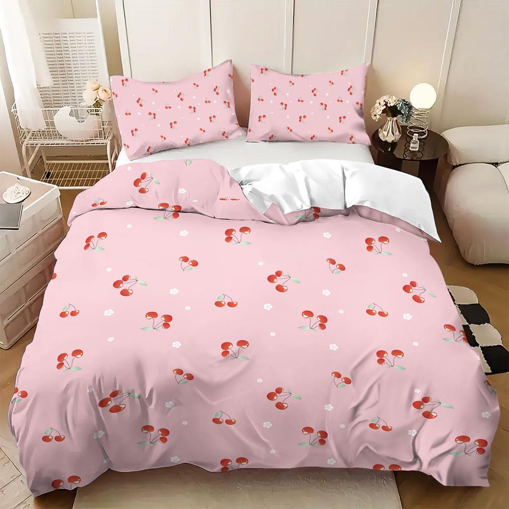 3pcs pink bow cherry patterned duvet cover set 1 duvet cover+2 pillowcases coreless. Soft and comfortable bedding set
