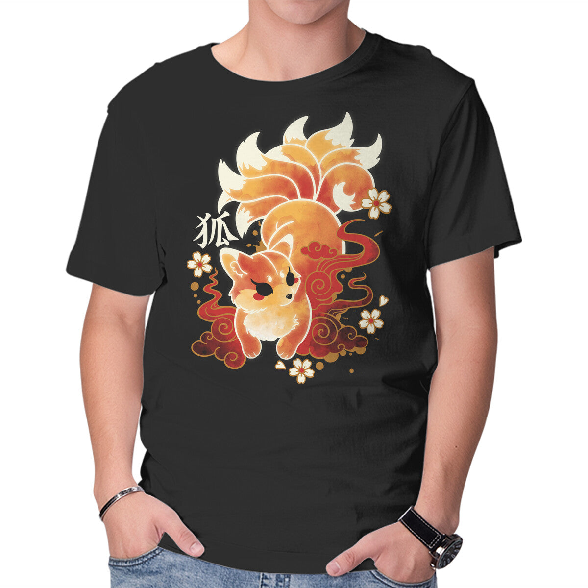 Unisex Crew Neck T-Shirt Kitsune Kawaii Graphic Short Sleeve Casual Tee S