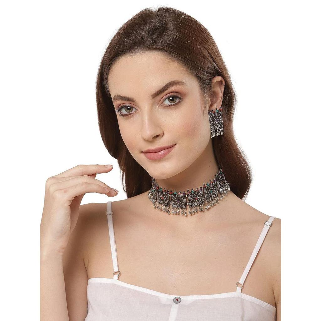 Shining Diva Fashion Latest Stylish Fancy Oxidised Silver Tribal Choker Necklace Jewellery Set for Women , Multicolour