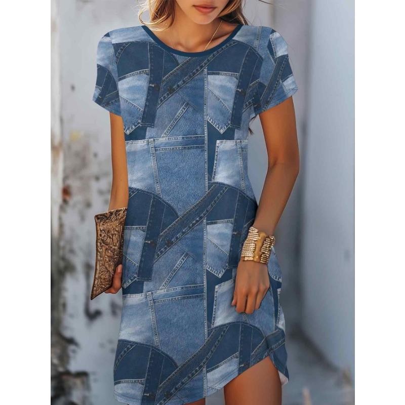 Summer Short Sleeved Dress Loose Casual Plus Size Dress Flower Print Dress Mini Skirt