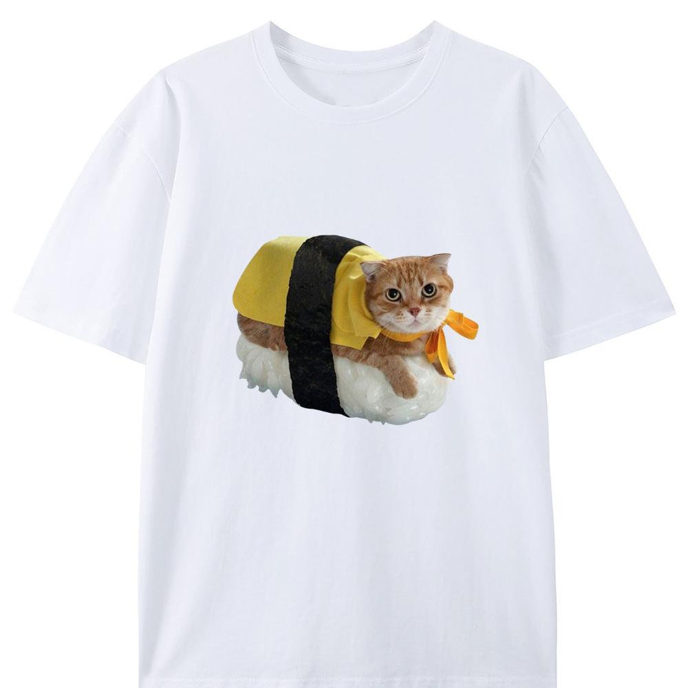 Sushi Cat Creative Design Round Neck TShirt Pure Summer Trendy Short Sleeves Casual Everyday Style Top