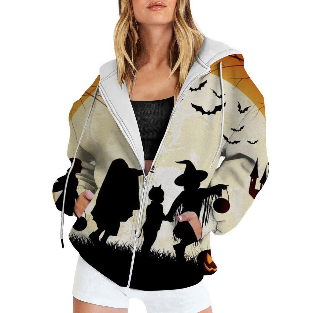 Vintage Printed Hooded Sweatshirt Sportwear Coat for Women 3D Pocket Hoodies Autumn Women's Button Down Jacket