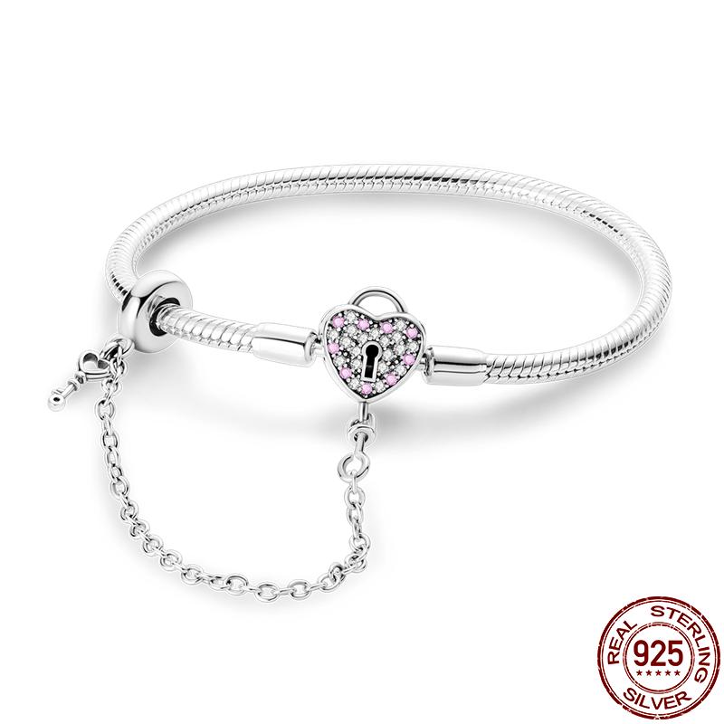 925 Sterling Silver Heart -Shaped Key And Lock Bracelet Fit Woman's Design Beads Charms Jewelry Bracelet For Women 