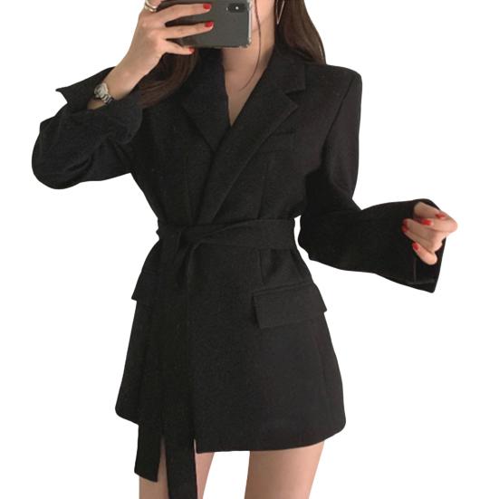 Spring Autumn Suit Coat Lapel Long Sleeve Lace-up Strap Waist Suit Jacket Solid Color Flap Pockets