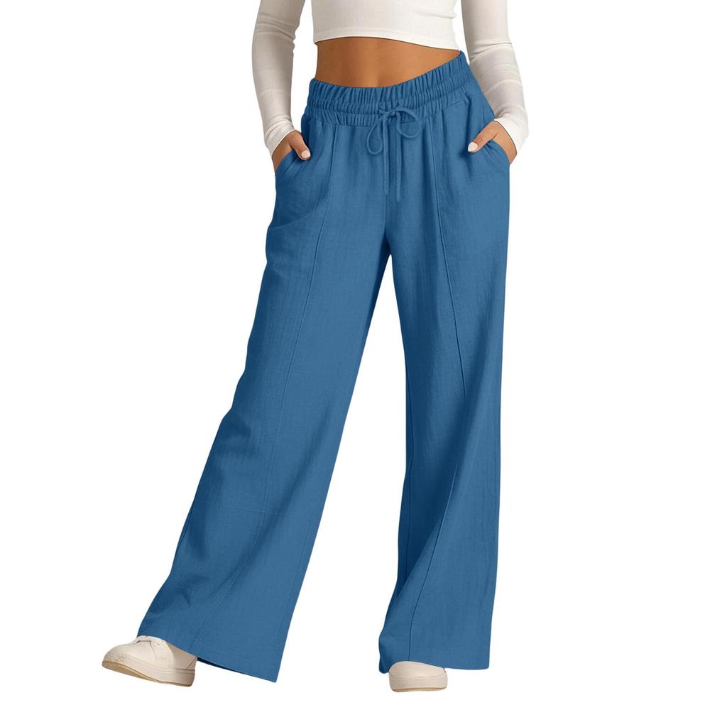 Women's Casual -Color High-Waisted Wide-Leg Drawstring Pants With Pockets