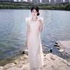 French Solid Color Embroidered Dress Women's Summer 2026 New Light and Gentle Wind Waist Strap Temperament Long Skirt