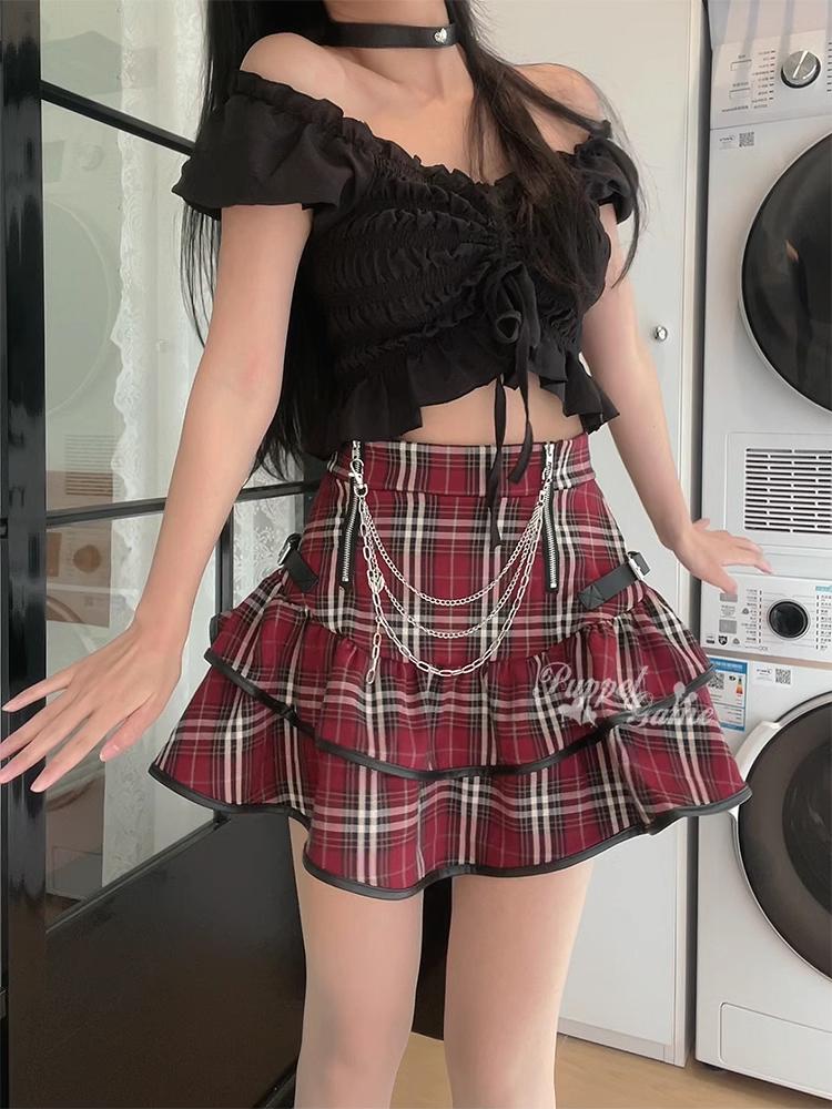 Punk Gothic Red Plaid Mini Skirt Women Vintage Y2k E-girl Emo High Waist Cake Skirt Harajuku Street Fairycore Grunge Clubwear