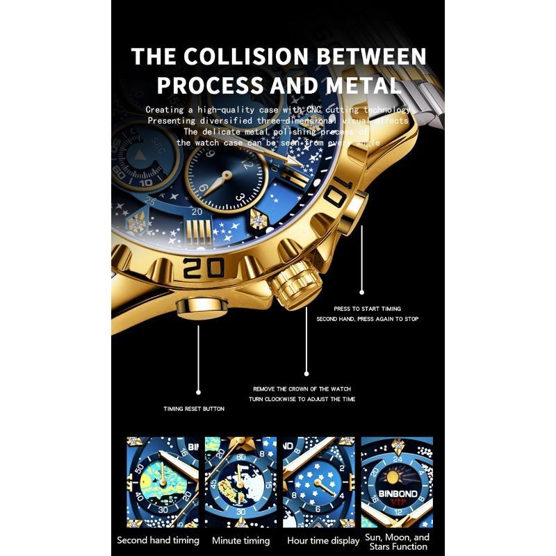 Zegarek Męski Biznesowy Stalowy Pasek Gwieździste Niebo Obraz Olejny Wodoodporny Podświetlenie Nocne Kalendarz Męski Modny Zegarek Kwarcowy
