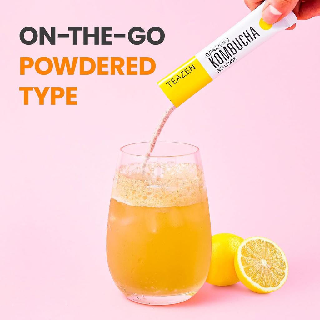 TEAZEN Lemon Kombucha Tea, bez cukru, musująca, fermentowana, w proszku, żywe probiotyki i prebiotyki, 10,30 saszetek po 5 g na saszetkę