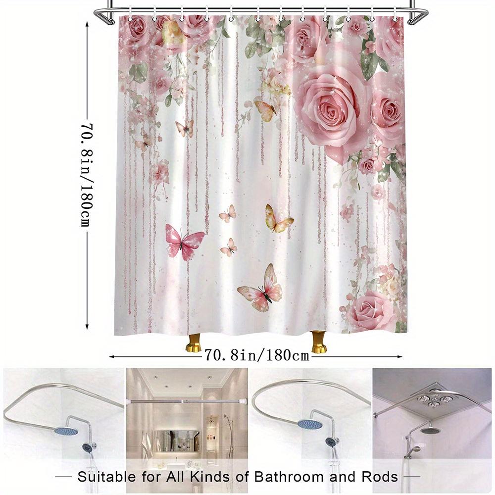 1Pc Floral Rose And Butterfly Shower Curtain, Elegant Pink Roses And Butterflies Print For Bathroom And Patio Decor, Romantic