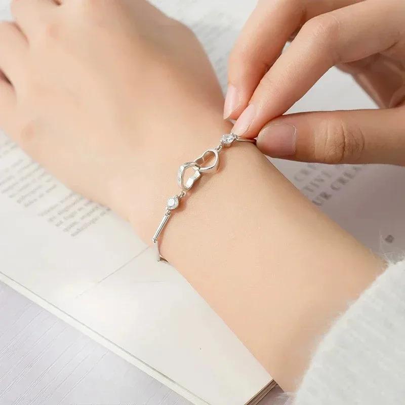 925 Silver Double Heart Charms Bracelet for Women New Arrival Geometric Zircon Adjustable Bracelet Exquisite Jewelry