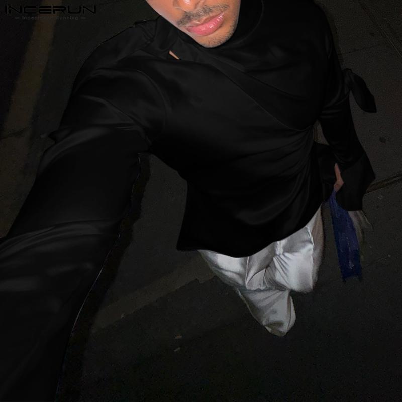 INCERUN Men Long Sleeve Cutout Satin Shirts Casual Solid Color Tops