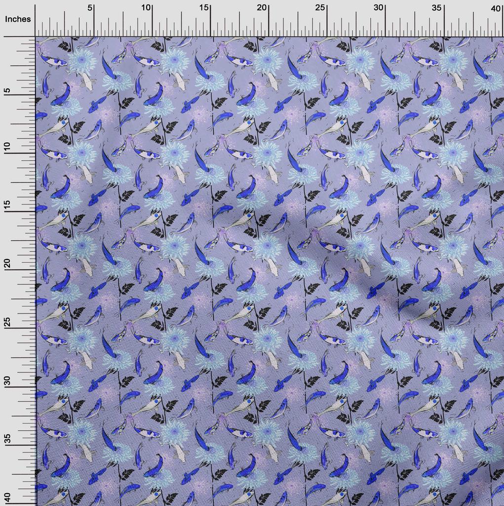 oneOone Cotton Flex Dusty Purple Fabric Asian Japanese Koi Fish with Floral Sewing Fabric by The Yard Printed DIY Clothing Sewing Supplies 40 Inch