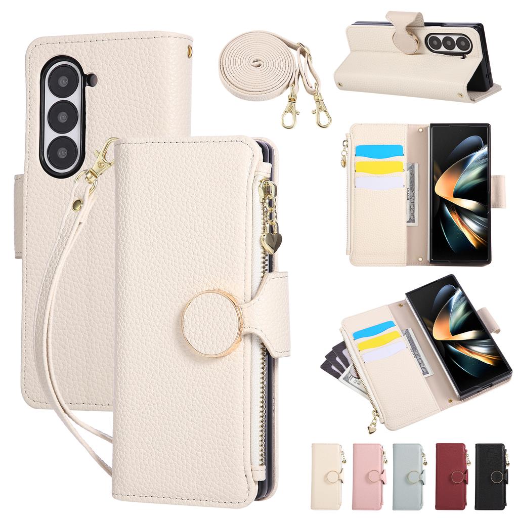 Crossbody Zipper Wallet Card Holder Leather Case for Samsung Galaxy Z Fold 7 6 5 Fold7 Fold6 5G Lanyard Strap Ring Holder Cover