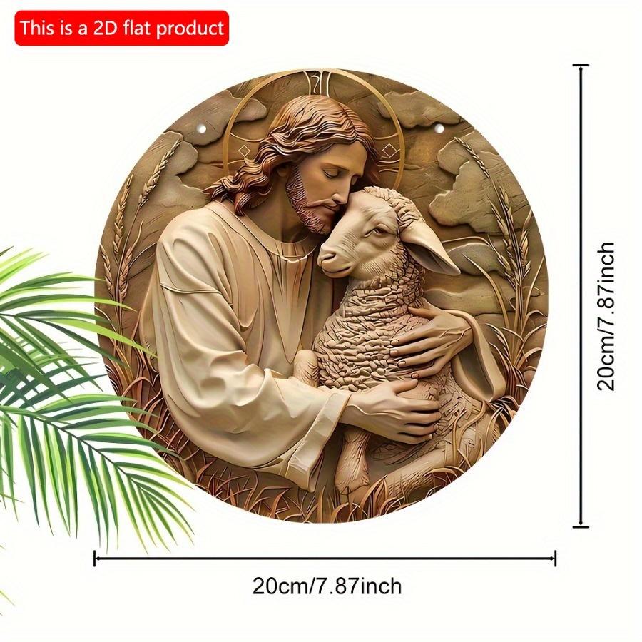 1ks 2D Plochý Kulatý Dřevěný Znamení Věnec Ježíš a Ovce - 20cm Klasická Nástěnná Dekorace, Slavnostní Vánoční Dárek, Víceúčelová Domácí a Pokojová Dekorace, Ne