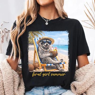 Feral Girl Summer Funny Meme Raccoon Pool Vacation T Shirt Vintage Washed Comfortable Stretched Stylish Graphic Fashion