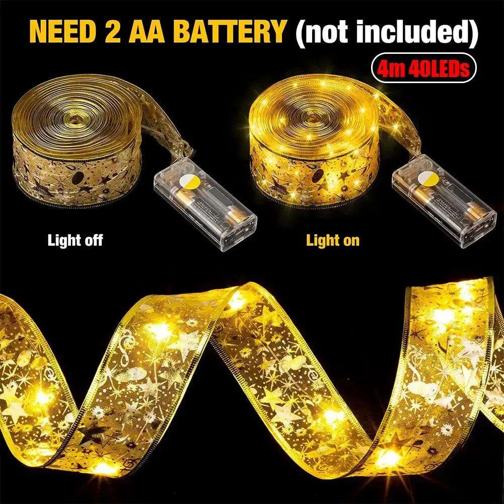 Christmas Ribbon Fairy Light Christmas Decoration DIY Bows String Light Tree Ornaments for Home 2025 Xmas Decor New Year Navidad