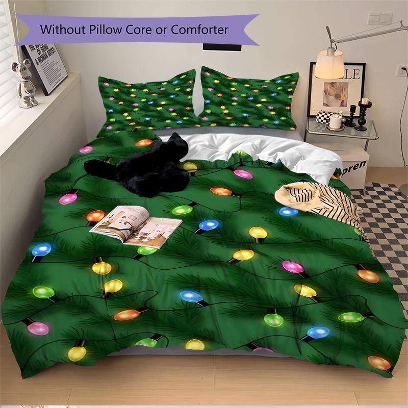 3pcs Christmas Lights Holiday Decorative Bedding Set, One Quilt Cover and Two Pillowcases (No Core), Festive Gift for Bedroom and Guest Room
