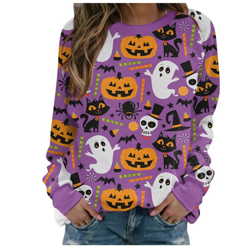 Women's Fashion Casual Hoody Autumn Winter Halloween Evil Witch Dark Castle Horror Party Print Sweatshirts Long Sleeved O Neck Hoodies Female Tops