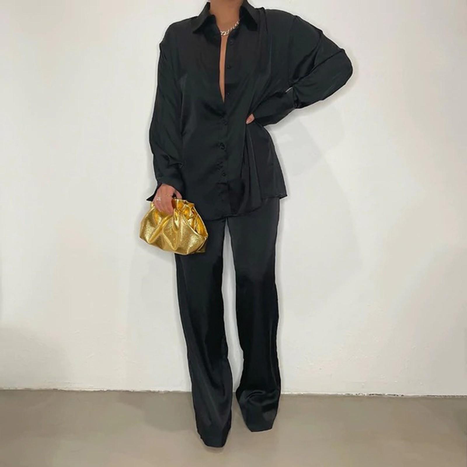 

Атласные модные женские свободные рубашки с имитацией шелка, брюки, прямые брюки, комплект M чёрный