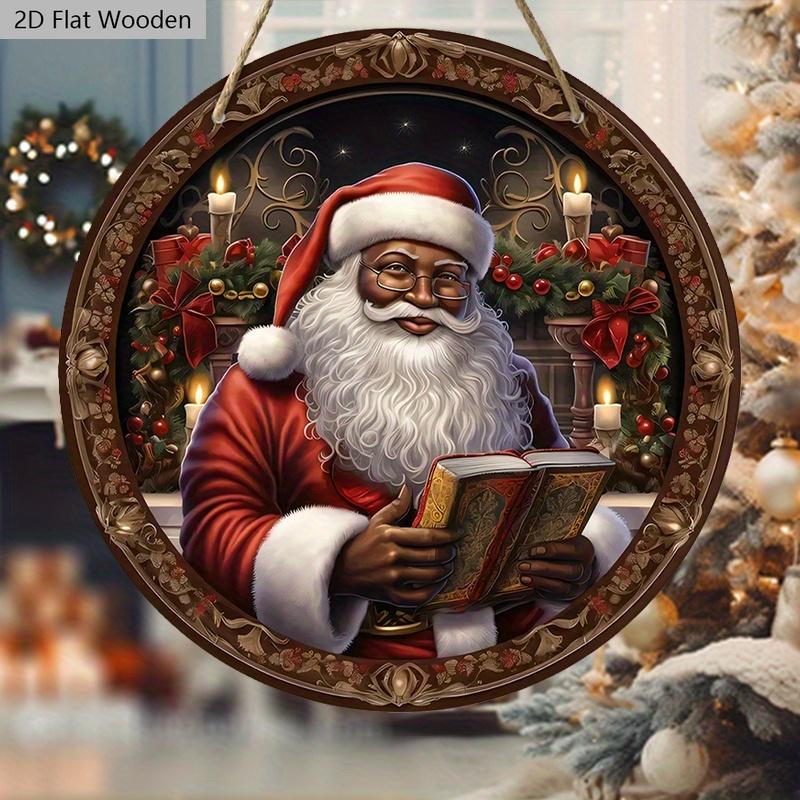 Black Santa Claus Wooden Christmas Sign - Navidad Round Sign for Yard Door Wall Hanging Decor - Ideal Christmas Decoration